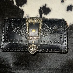Hand-tooled leather Crossbody bag, w/Black Leather Wallet with Ornate Buckle!